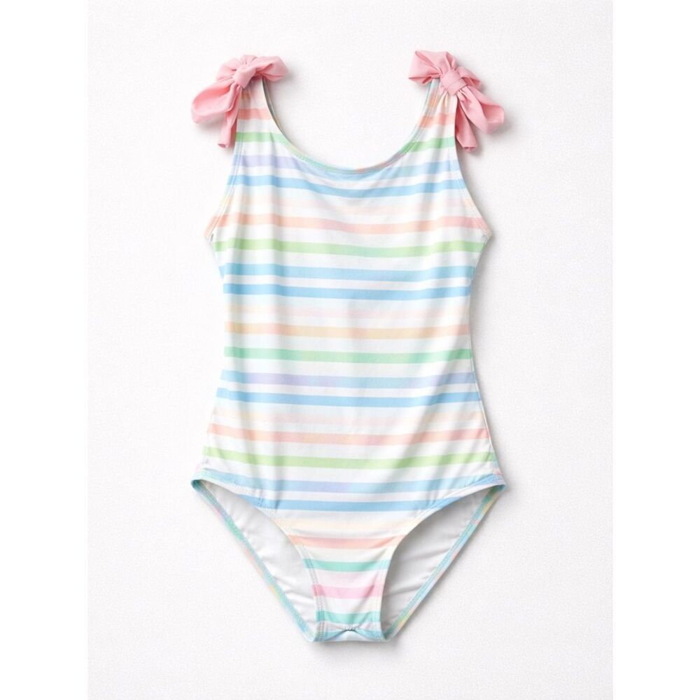 The Beaufort Bonnet Company blue and pink striped one piece swimsuit bows 12 y